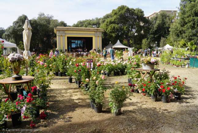 Piante fiorite e teatrino all'aperto sullo sfondo